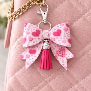 Pink Heart Bow Keychain Bag Charm with Tassel